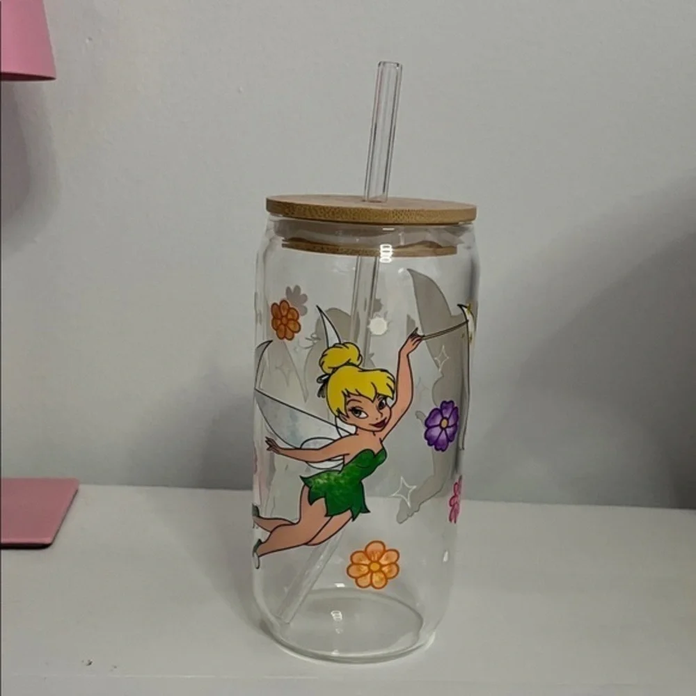 Tinkerbell Glass Can with glass straw